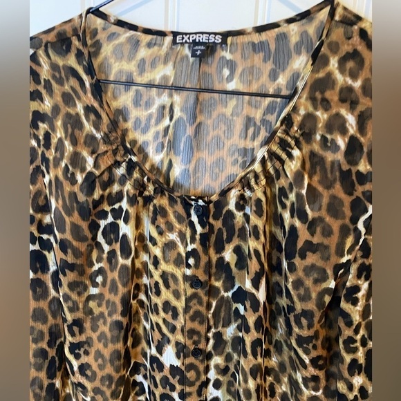 Express sheer leopard print button down tunic, sz Small, midi shirt dress - Picture 4 of 6